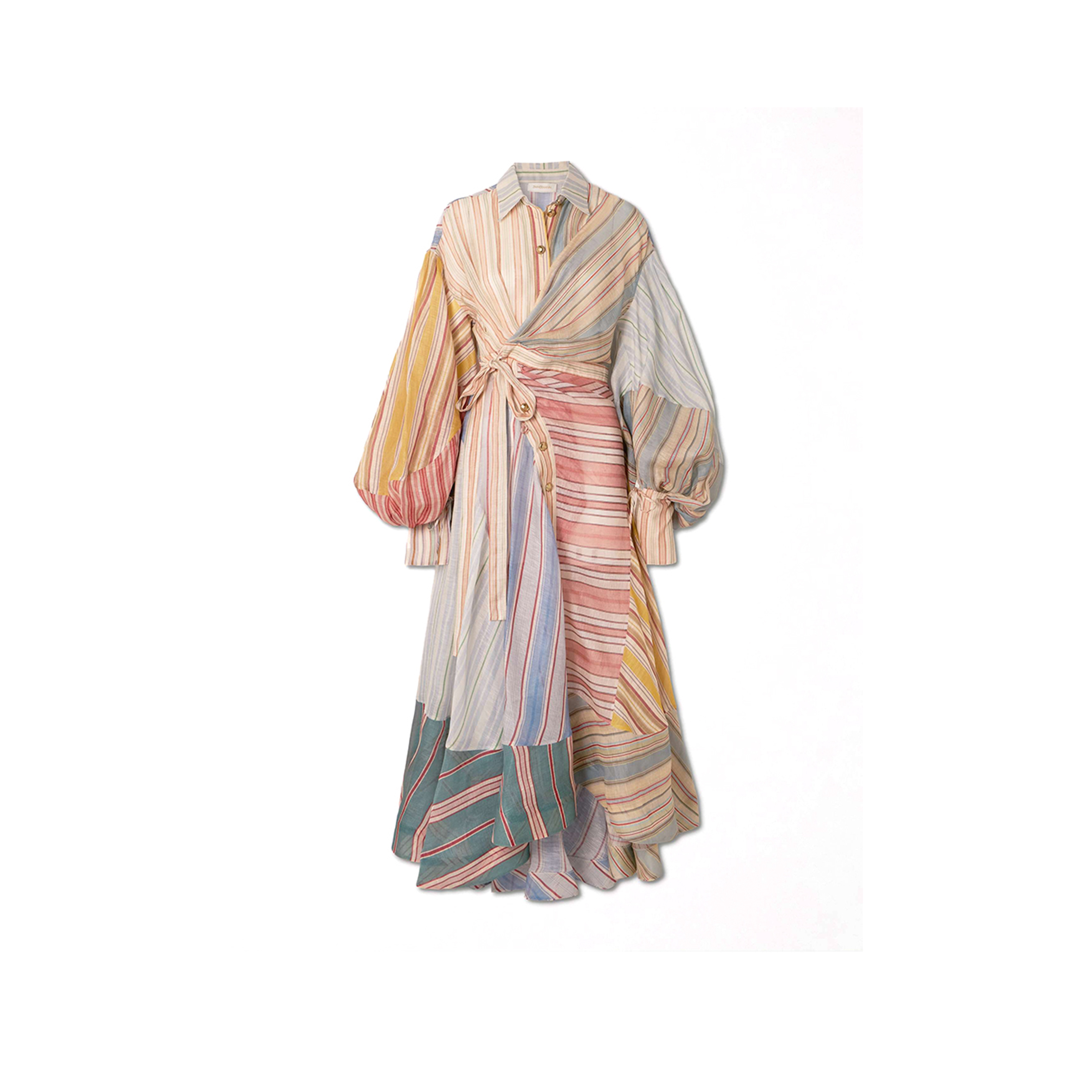ZIMMERMANN REBELLION PATCHWORK STRIPED LINEN AND SILK-BLEND VOILE MIDI WRAP DRESS 46376663162996888